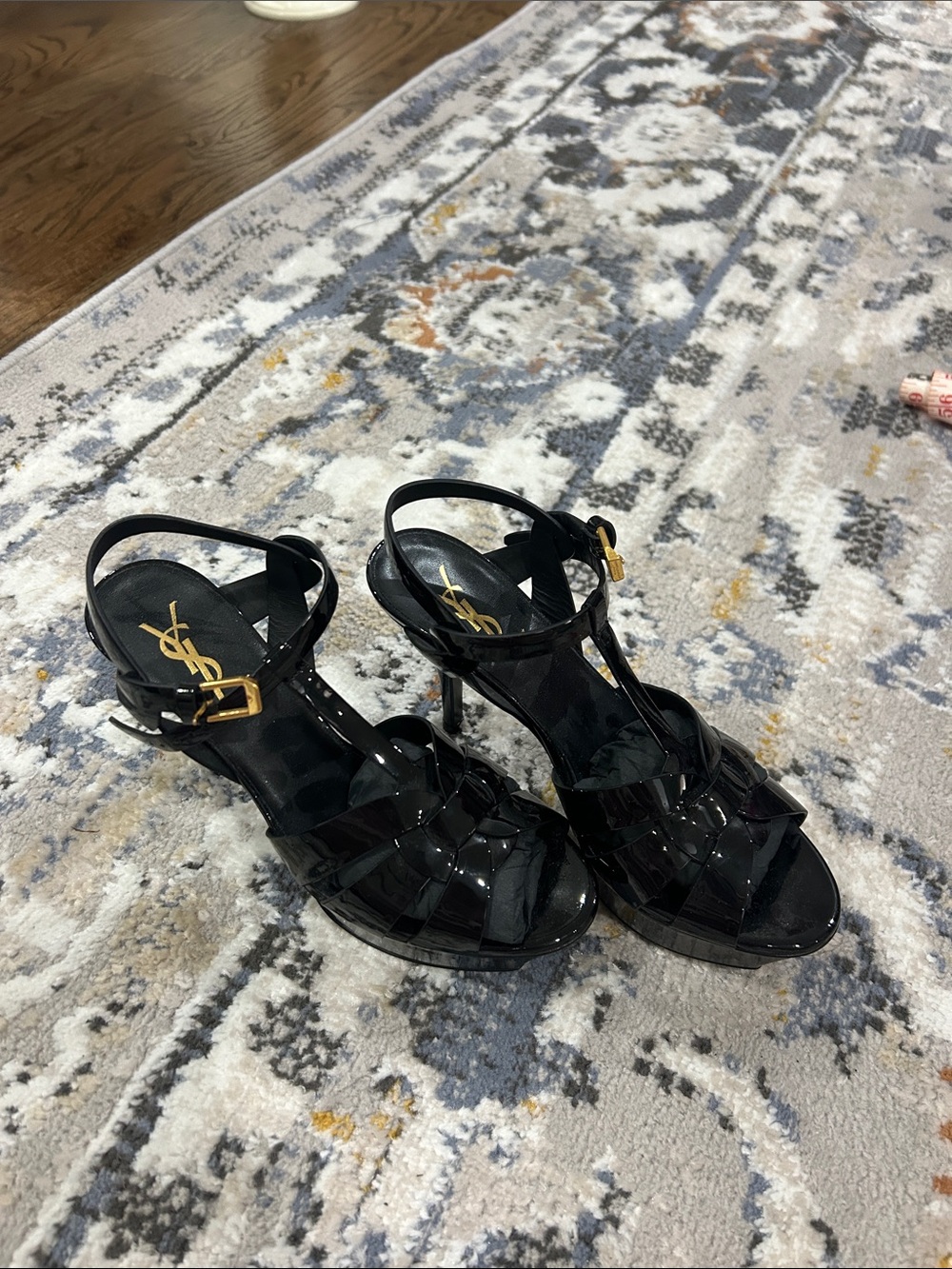 Yves Saint Laurent Black Patent T-Strap Heeled Sandals with Gold Buckle